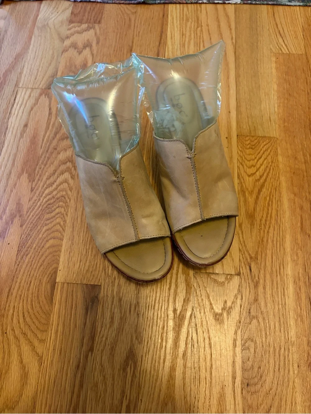 boc Tan Leather Wedge Slide Sandals